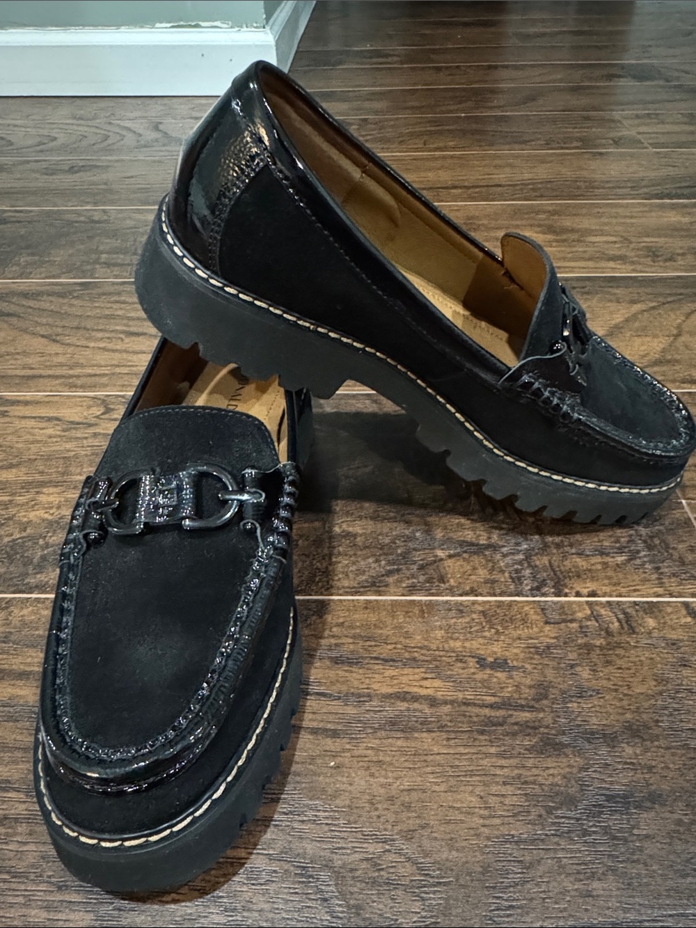 Donald Pliner Black Lug Sole Slip-On Loafers with Decorative Bit